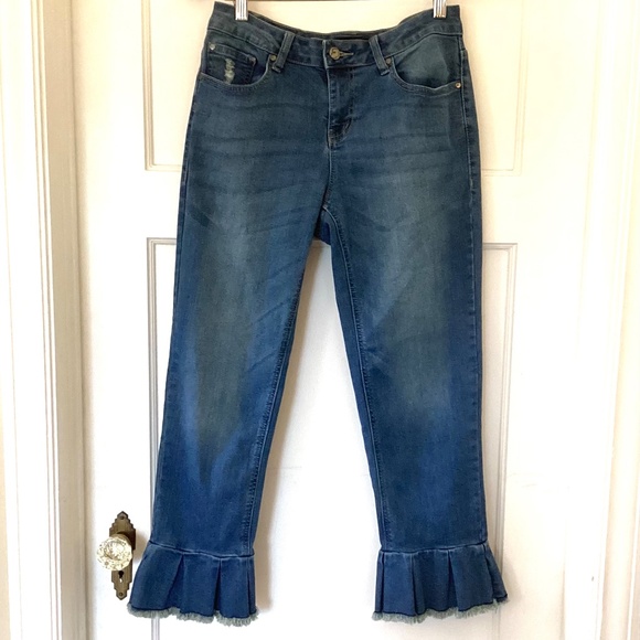 Earl Womens Jeans Flounce Hem Distressed Size 6 Blue Mid Rise Flare Straight - Picture 2 of 10